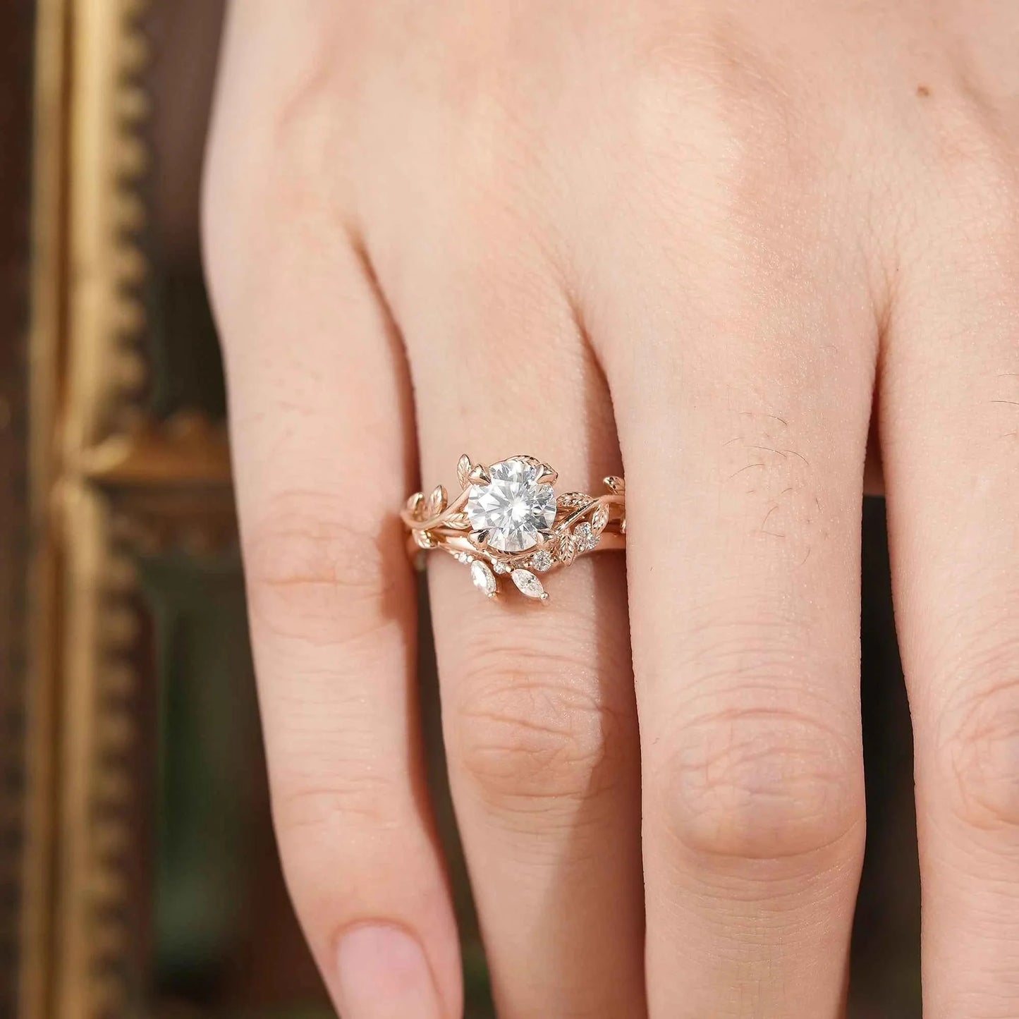 Rose Gold Round Cut Moissanite Bridal Set-Elara - GemsMagic