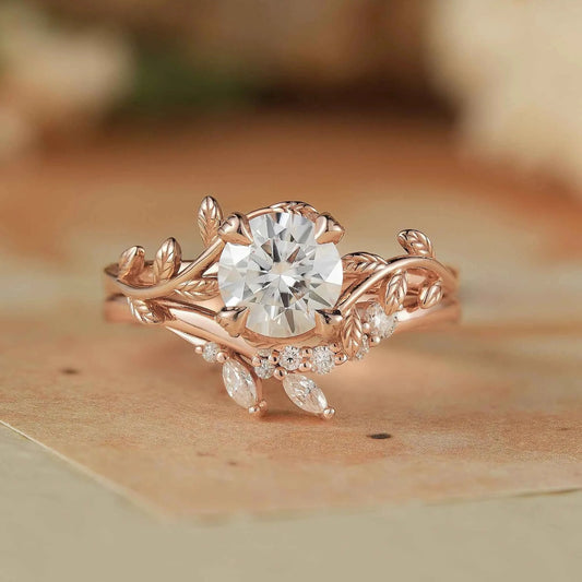 Rose Gold Round Cut Moissanite Bridal Set-Elara - GemsMagic