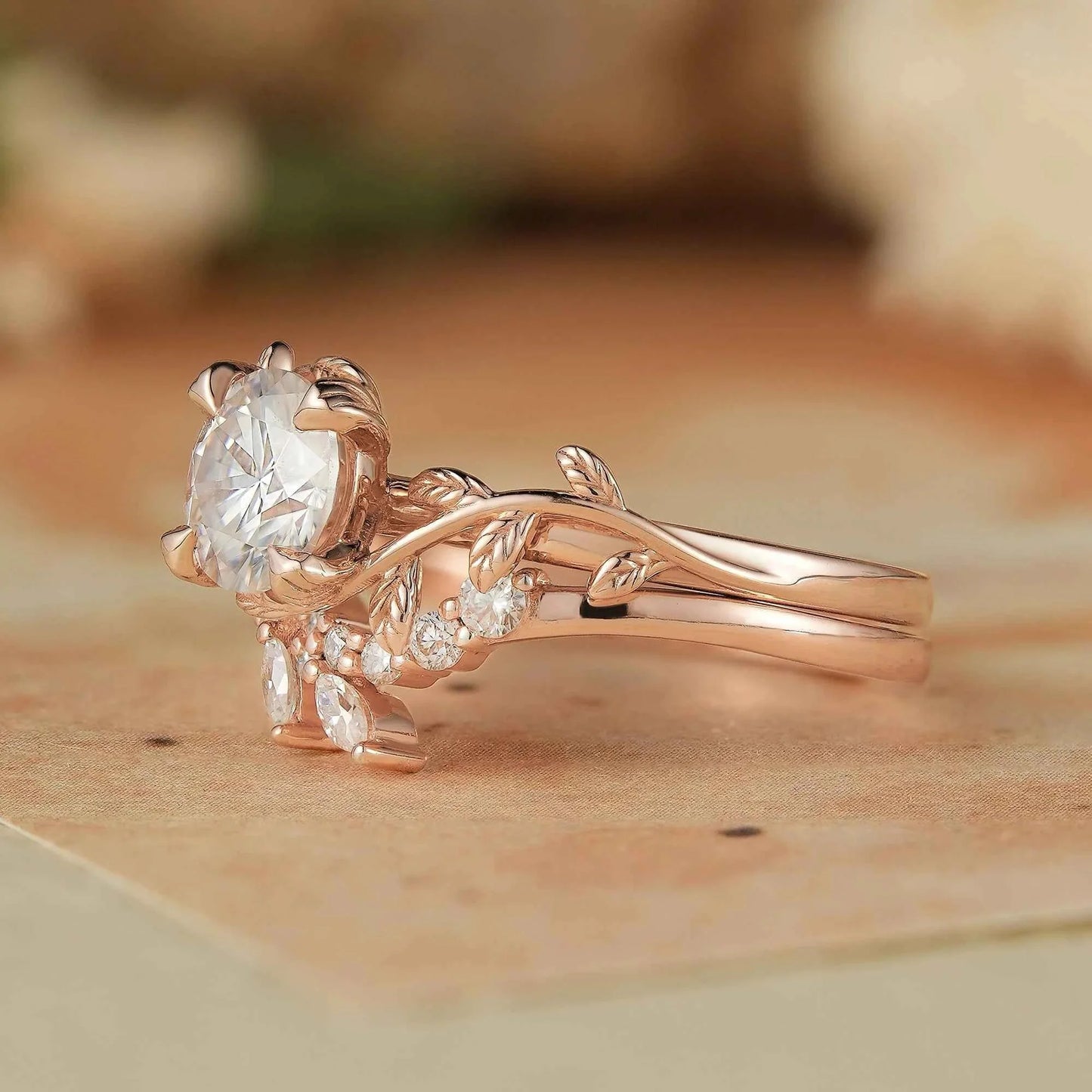 Rose Gold Round Cut Moissanite Bridal Set-Elara - GemsMagic