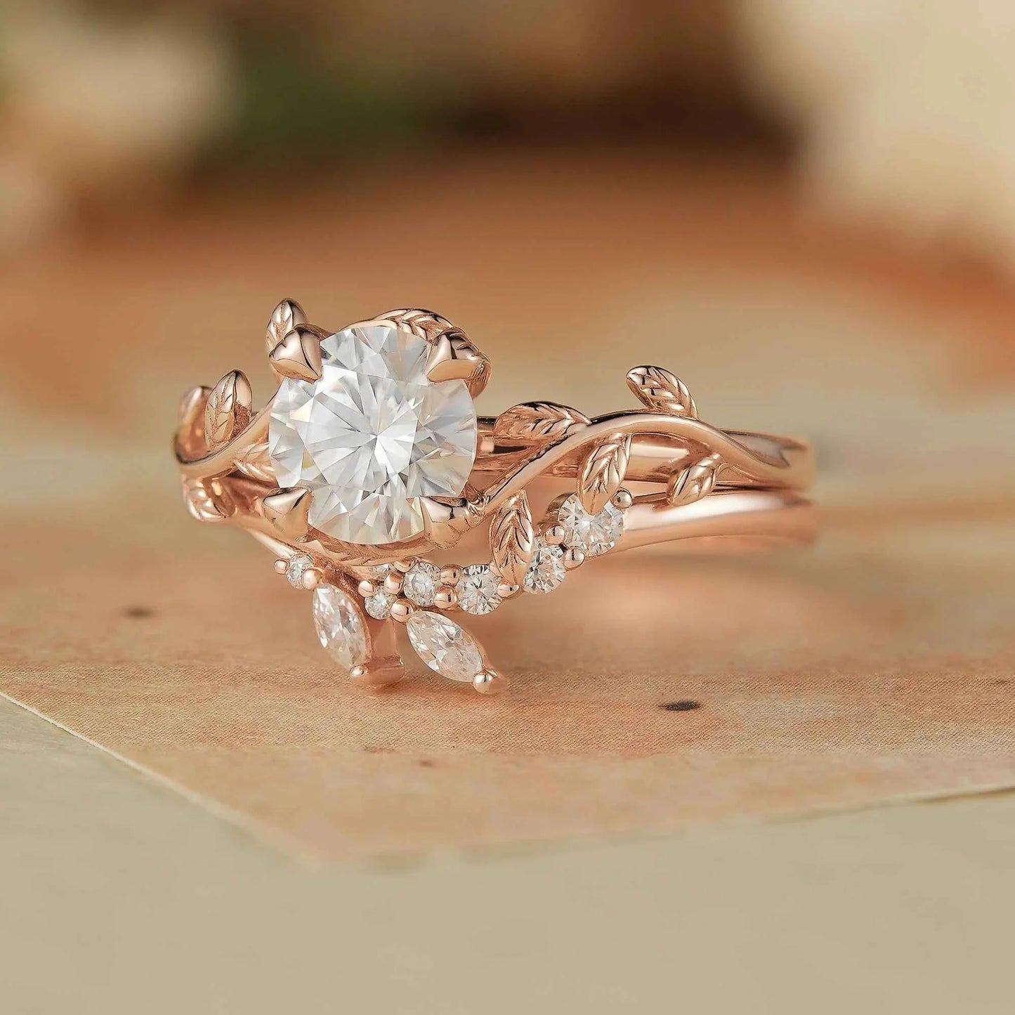 Rose Gold Round Cut Moissanite Bridal Set-Elara - GemsMagic