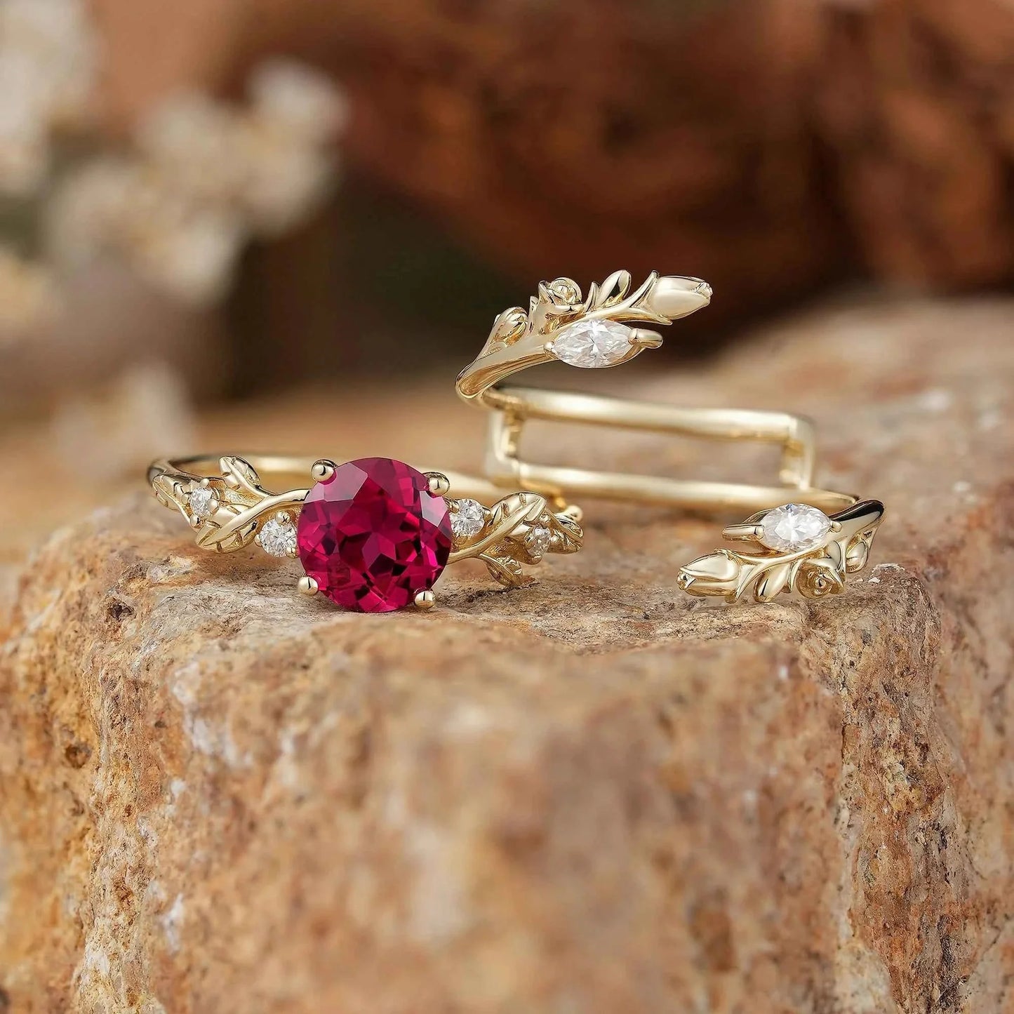 Rosebud Design: Ruby & Moissanite Ring Set 2pcs-Euphemia