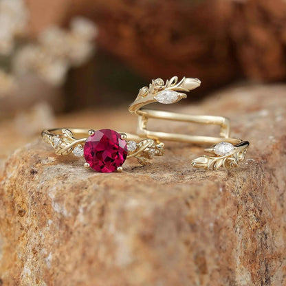 Rosebud Design: Ruby & Moissanite Ring Set 2pcs-Euphemia