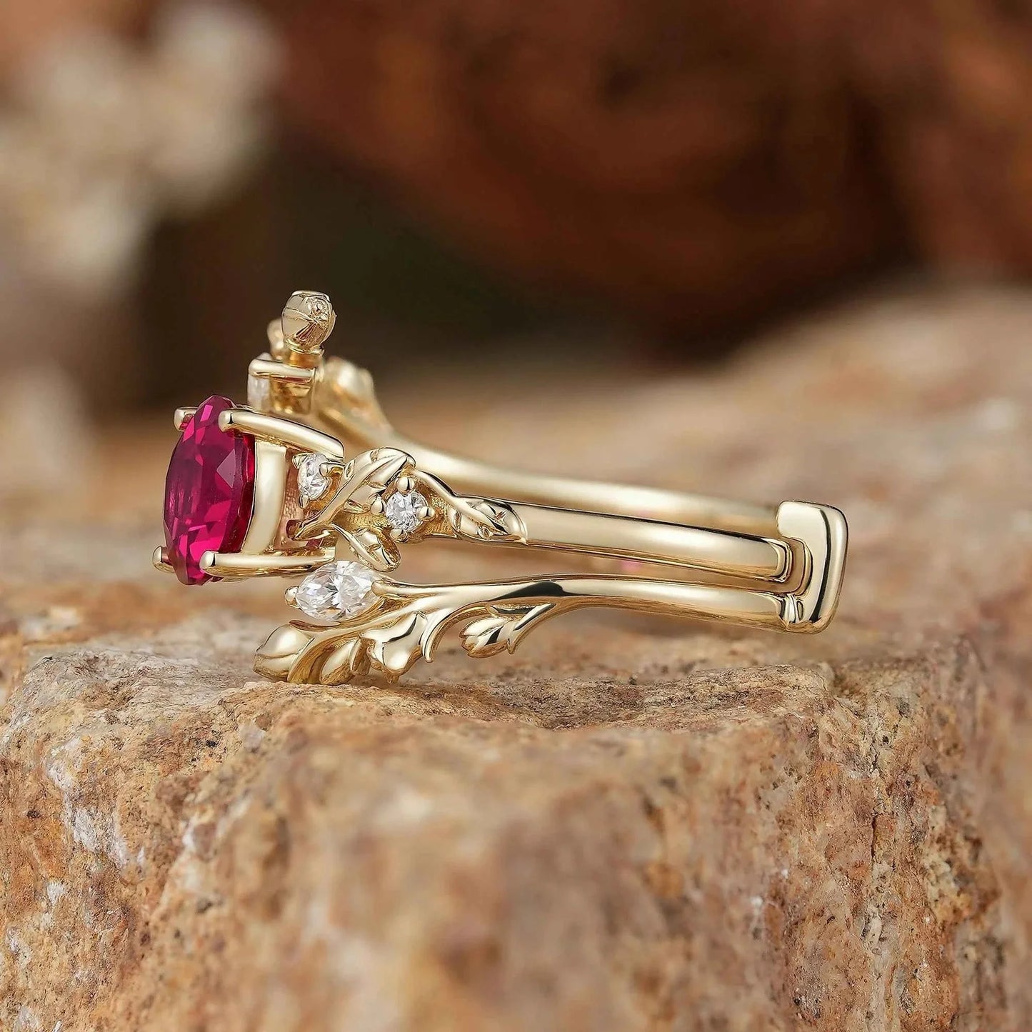 Rosebud Design: Ruby & Moissanite Ring Set 2pcs-Euphemia