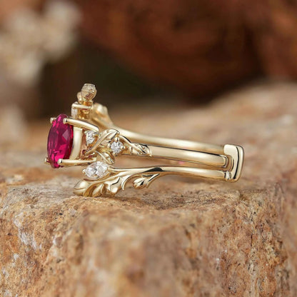 Rosebud Design: Ruby & Moissanite Ring Set 2pcs-Euphemia