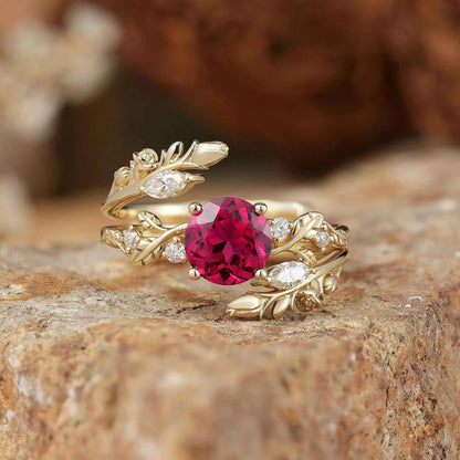 Rosebud Design: Ruby & Moissanite Ring Set 2pcs-Euphemia