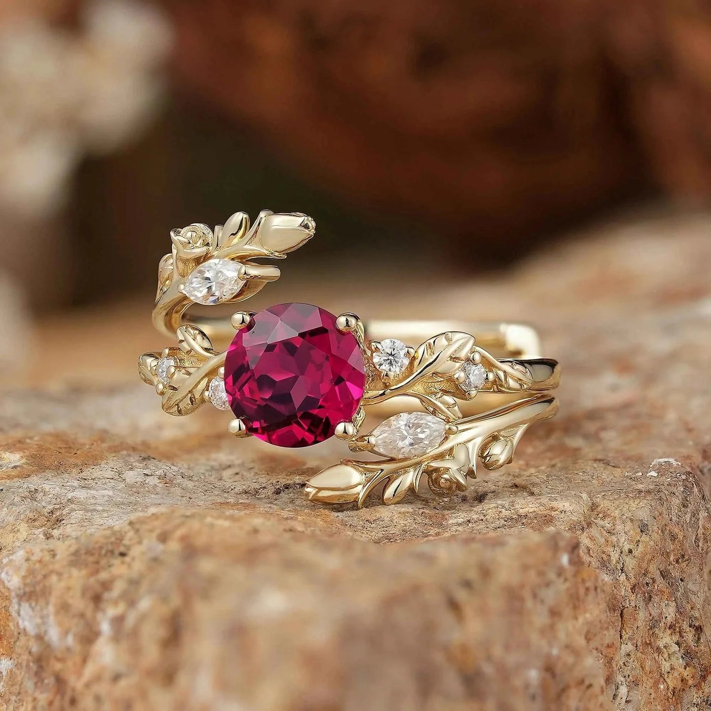 Rosebud Design: Ruby & Moissanite Ring Set 2pcs-Euphemia