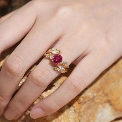 Rosebud Design: Ruby & Moissanite Ring Set 2pcs-Euphemia