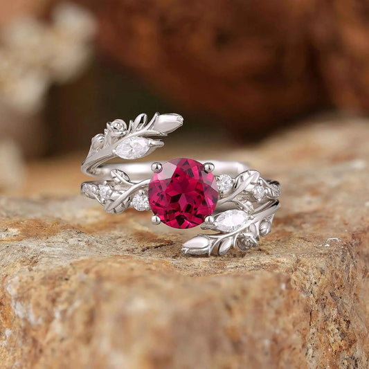 Rosebud Design: Ruby & Moissanite Ring Set 2pcs-Euphemia