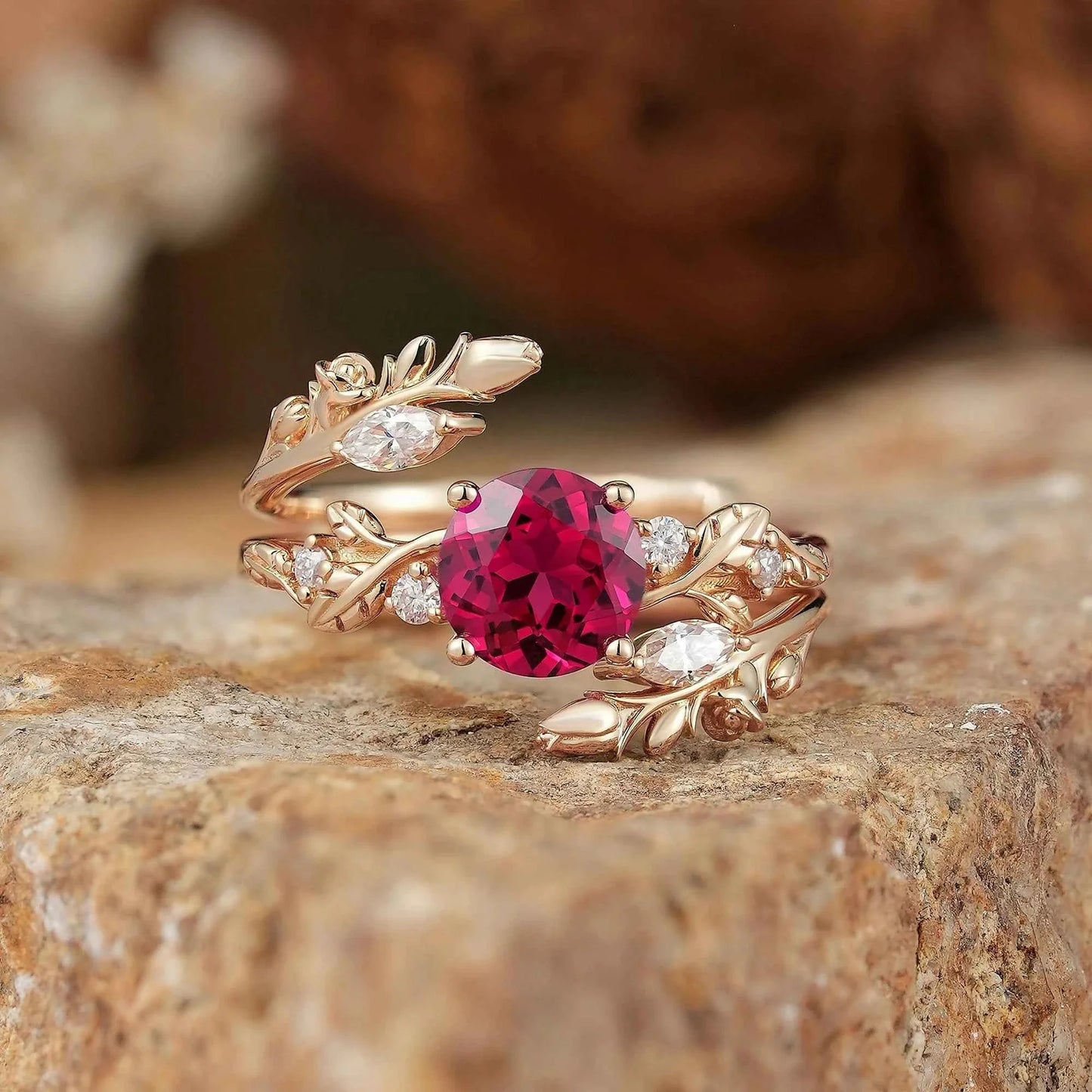 Rosebud Design: Ruby & Moissanite Ring Set 2pcs-Euphemia