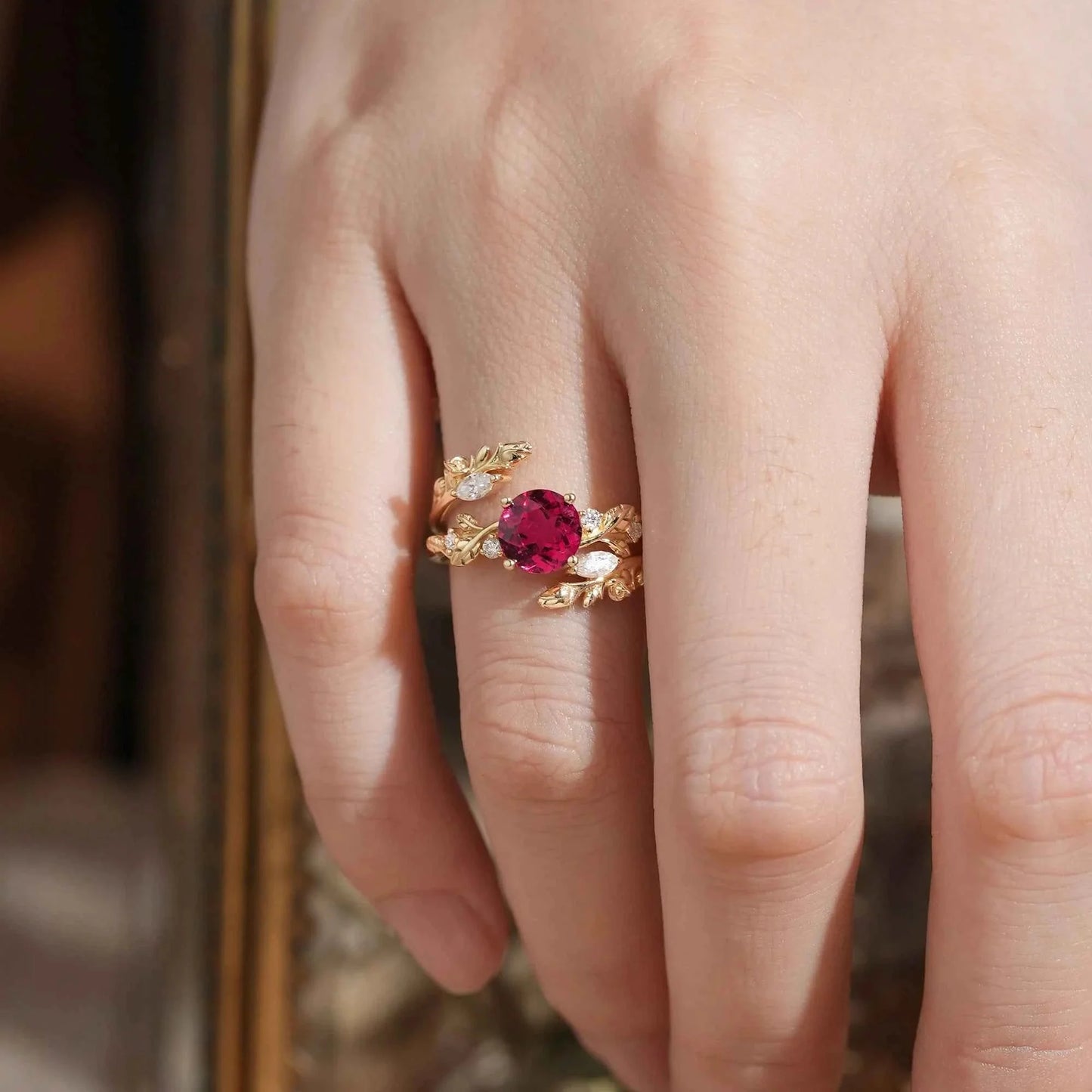 Rosebud Design: Ruby & Moissanite Ring Set 2pcs-Euphemia