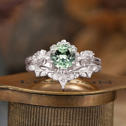 Round Cut Green Sapphire Nature Inspired Bridal Ring Set - Leora