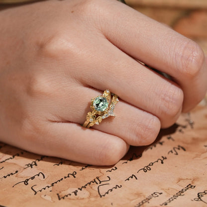 Round Cut Green Sapphire Nature Inspired Bridal Ring Set - Leora