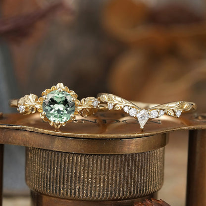 Round Cut Green Sapphire Nature Inspired Bridal Ring Set - Leora
