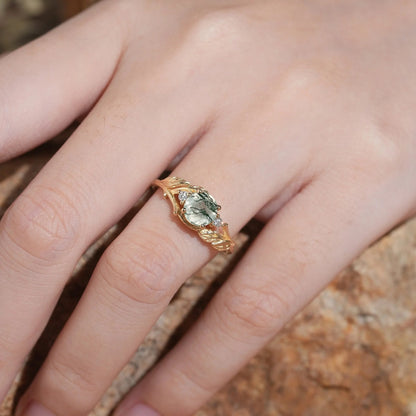 Round Cut Moss Agate Nature Inspired Bark Textured Engagement Ring - Rhea