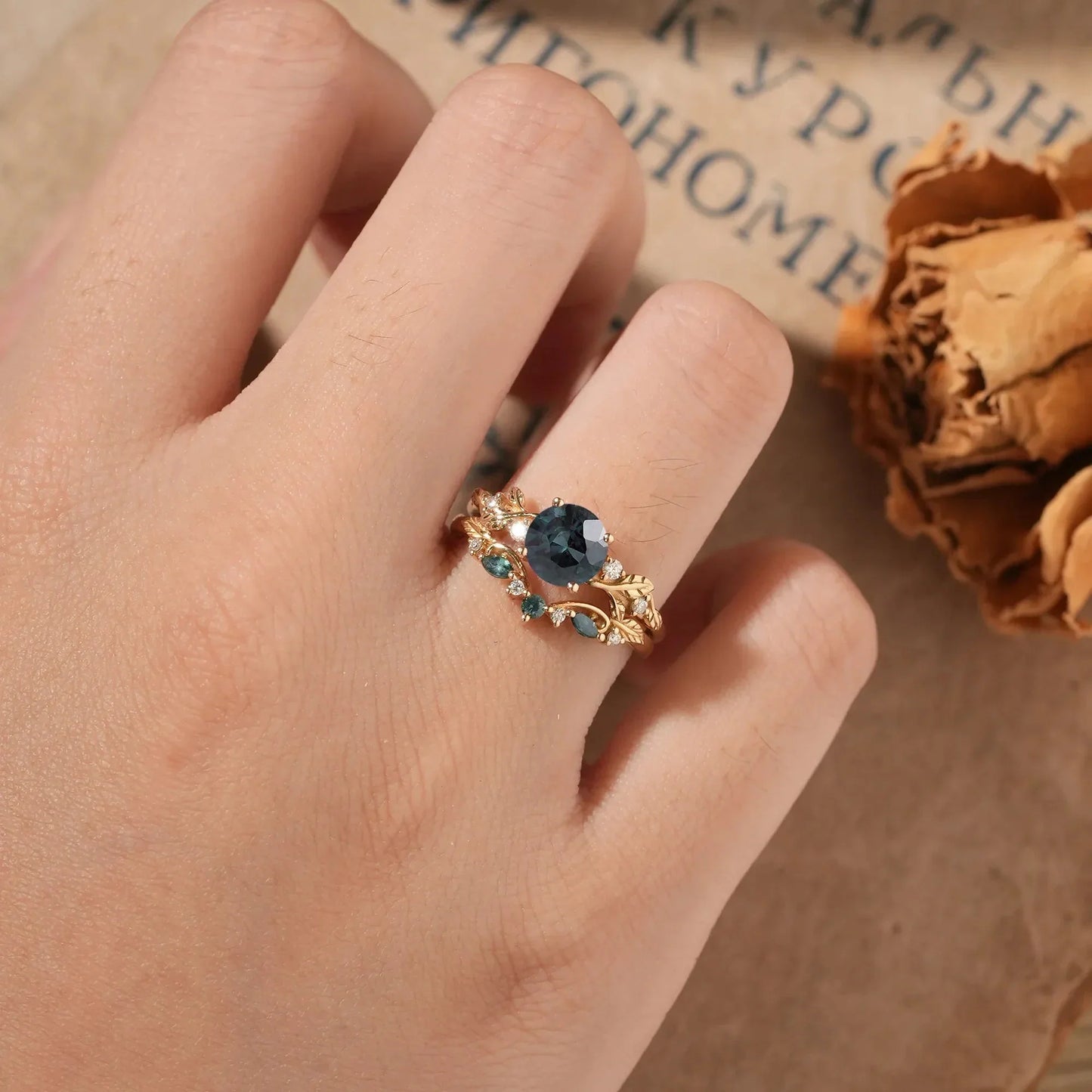 Round Cut Teal Sapphire Ring with Elegant Leaf Motif - Octavia