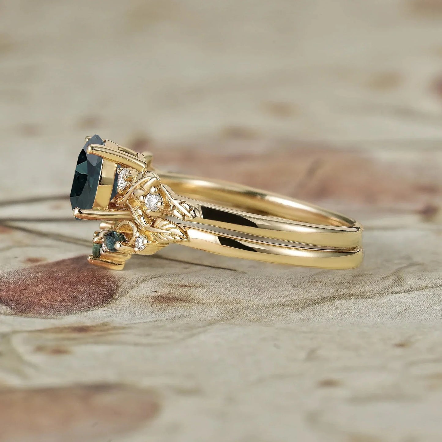 Round Cut Teal Sapphire Ring with Elegant Leaf Motif - Octavia