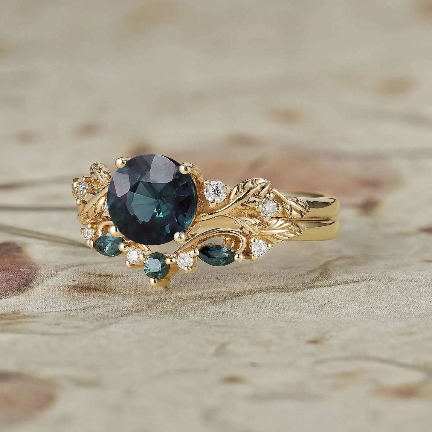 Round Cut Teal Sapphire Ring with Elegant Leaf Motif - Octavia
