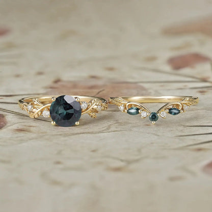 Round Cut Teal Sapphire Ring with Elegant Leaf Motif - Octavia