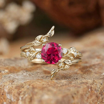 Round Ruby with Moissanite Floral Enhancer Ring Set - Nyx