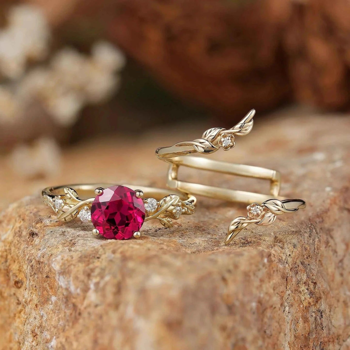 Round Ruby with Moissanite Floral Enhancer Ring Set - Nyx