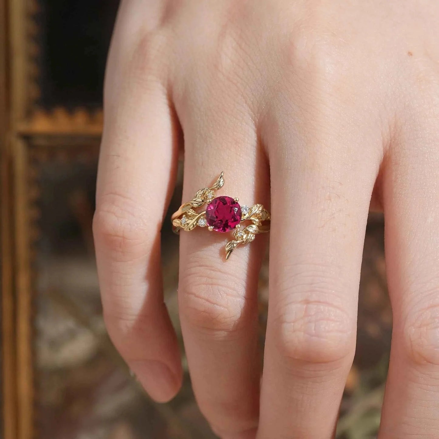 Round Ruby with Moissanite Floral Enhancer Ring Set - Nyx