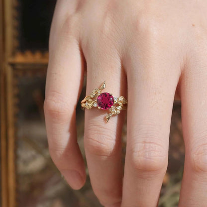 Round Ruby with Moissanite Floral Enhancer Ring Set - Nyx