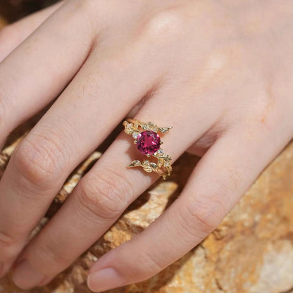 Round Ruby with Moissanite Floral Enhancer Ring Set - Nyx