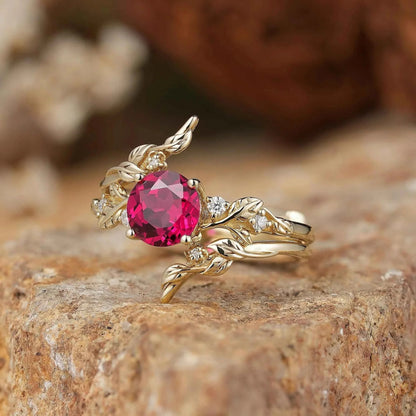 Round Ruby with Moissanite Floral Enhancer Ring Set - Nyx