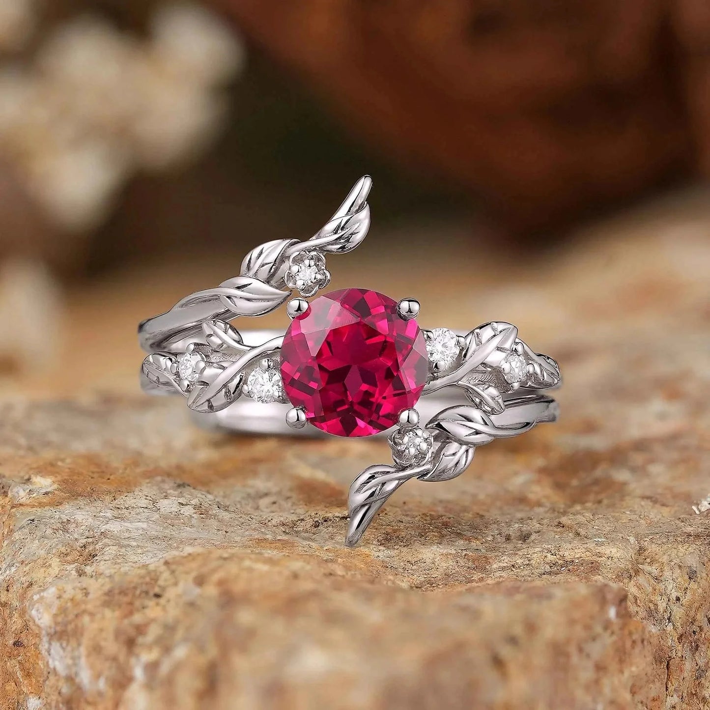 Round Ruby with Moissanite Floral Enhancer Ring Set - Nyx