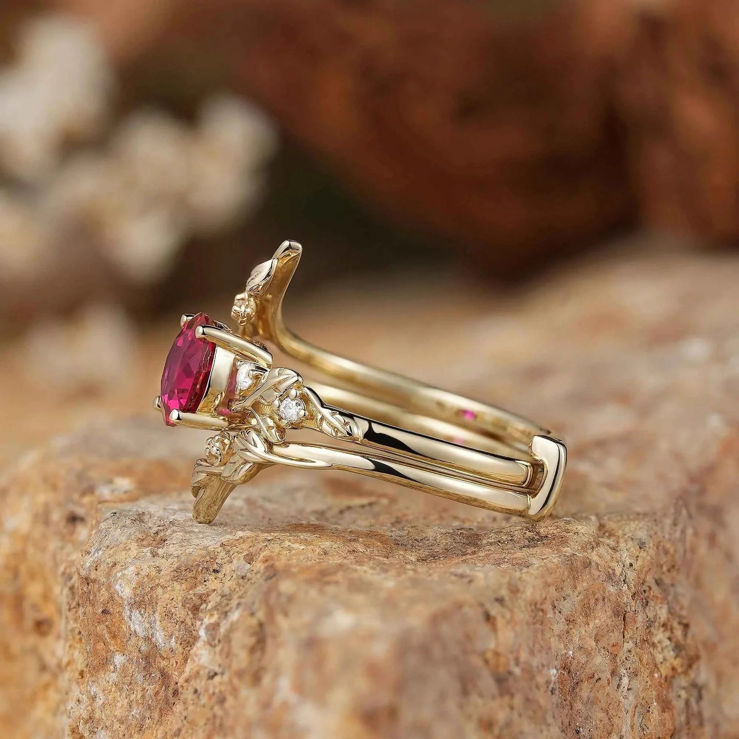 Round Ruby with Moissanite Floral Enhancer Ring Set - Nyx