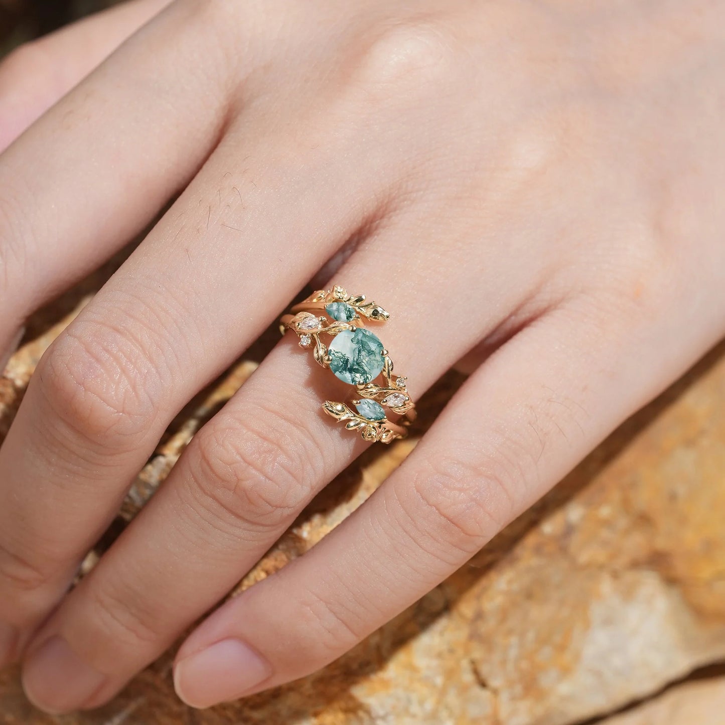 Round Shaped Moss Agate Nature Inspired Bridal Enhancer Ring Set - GemsMagic
