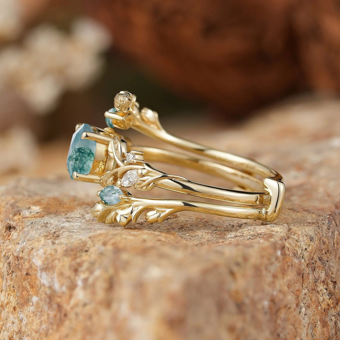 Round Shaped Moss Agate Nature Inspired Bridal Enhancer Ring Set - GemsMagic