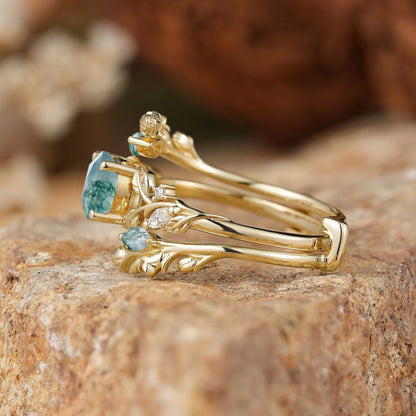 Round Shaped Moss Agate Nature Inspired Bridal Enhancer Ring Set - GemsMagic