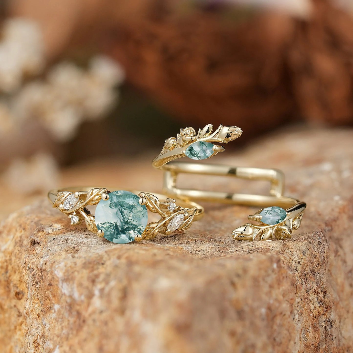 Round Shaped Moss Agate Nature Inspired Bridal Enhancer Ring Set - GemsMagic