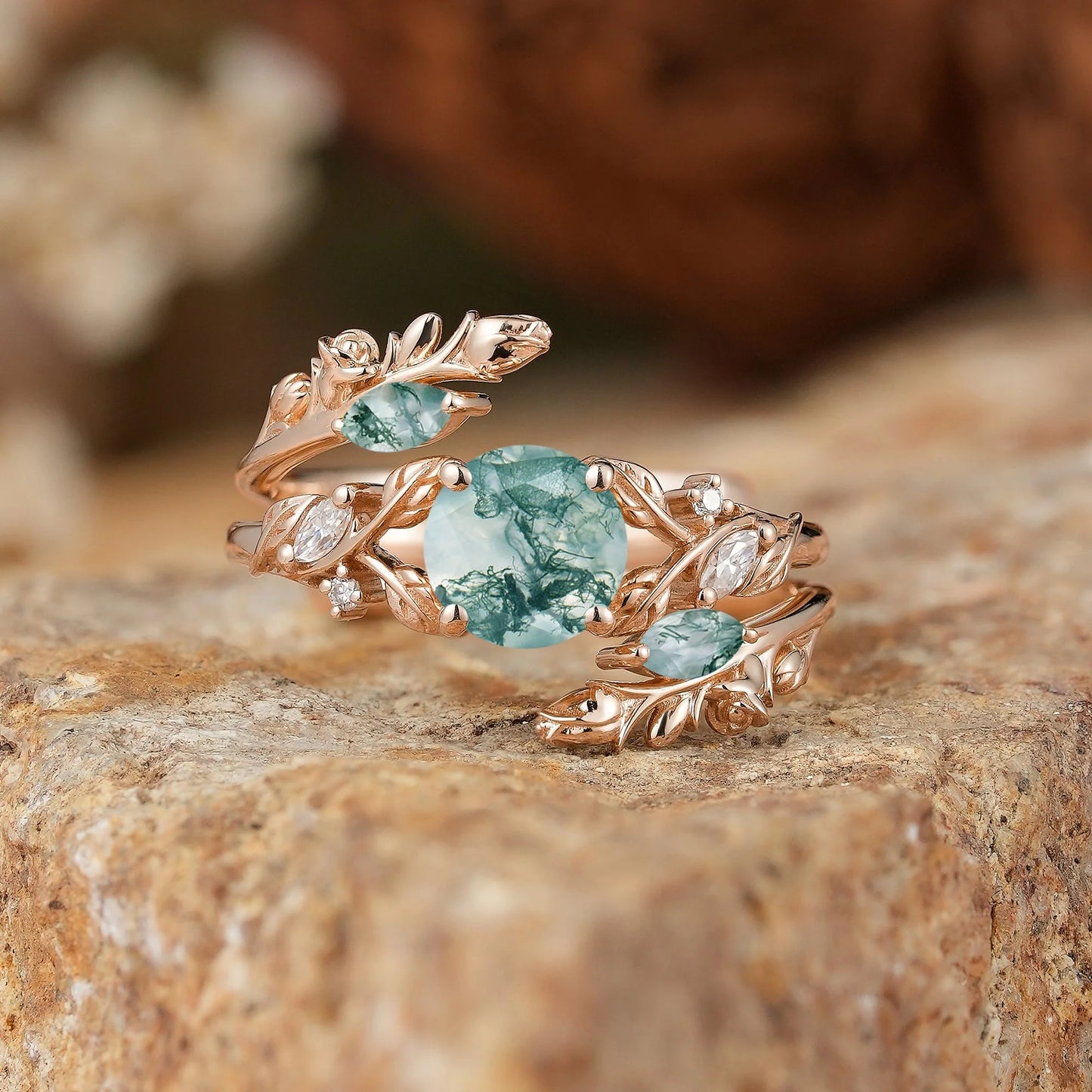 Round Shaped Moss Agate Nature Inspired Bridal Enhancer Ring Set - GemsMagic