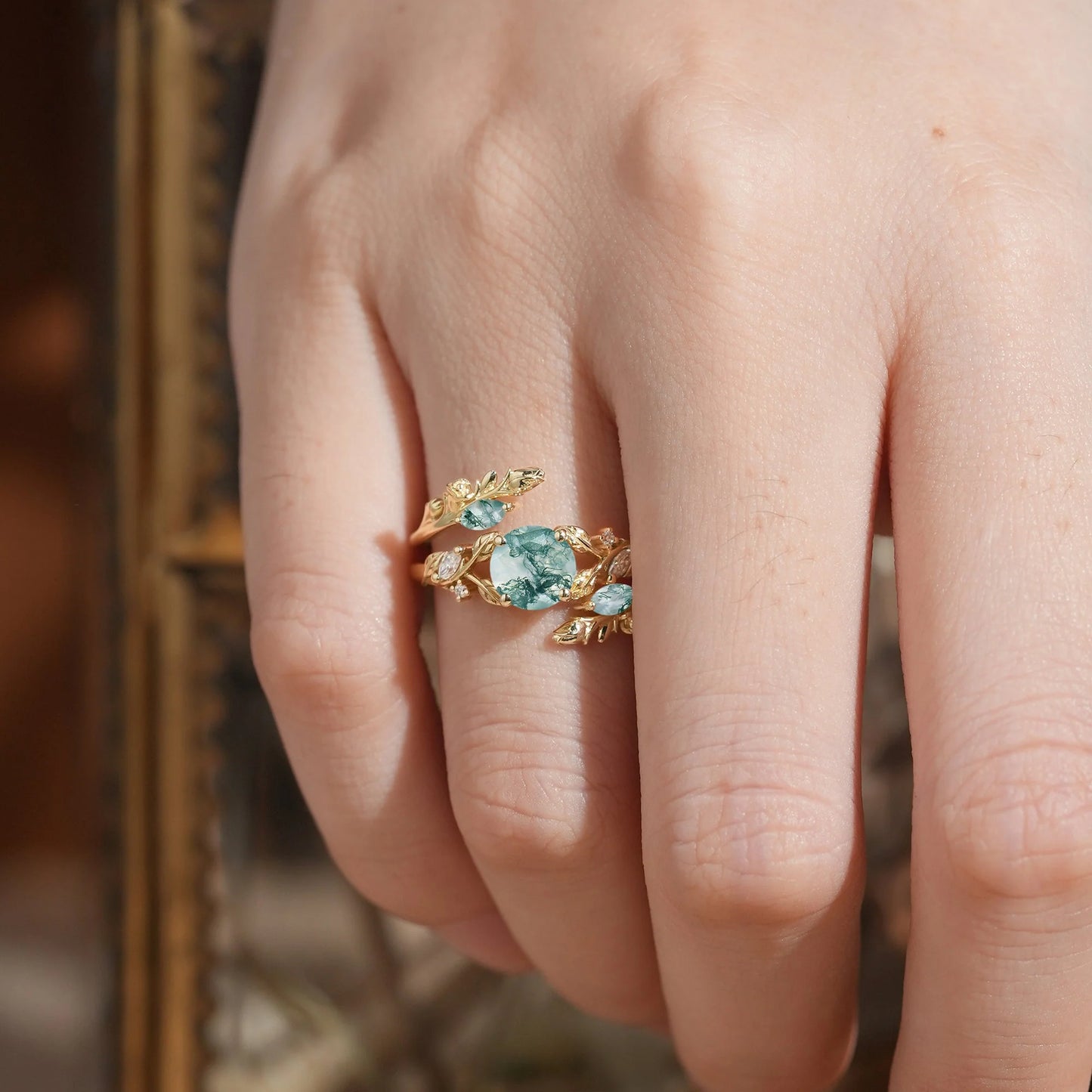 Round Shaped Moss Agate Nature Inspired Bridal Enhancer Ring Set - GemsMagic