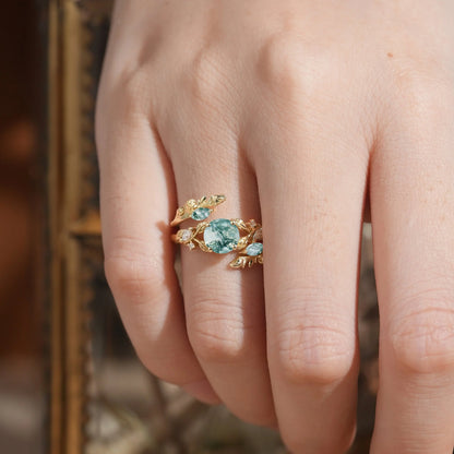 Round Shaped Moss Agate Nature Inspired Bridal Enhancer Ring Set - GemsMagic