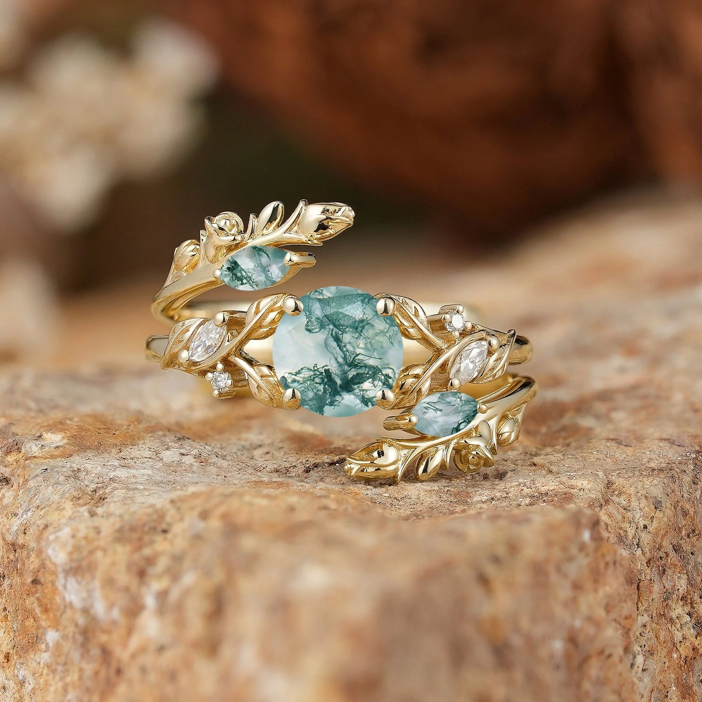Round Shaped Moss Agate Nature Inspired Bridal Enhancer Ring Set - GemsMagic