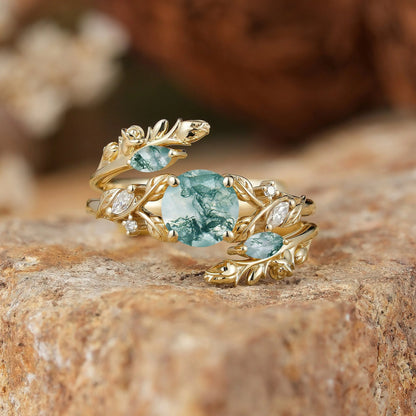 Round Shaped Moss Agate Nature Inspired Bridal Enhancer Ring Set - GemsMagic