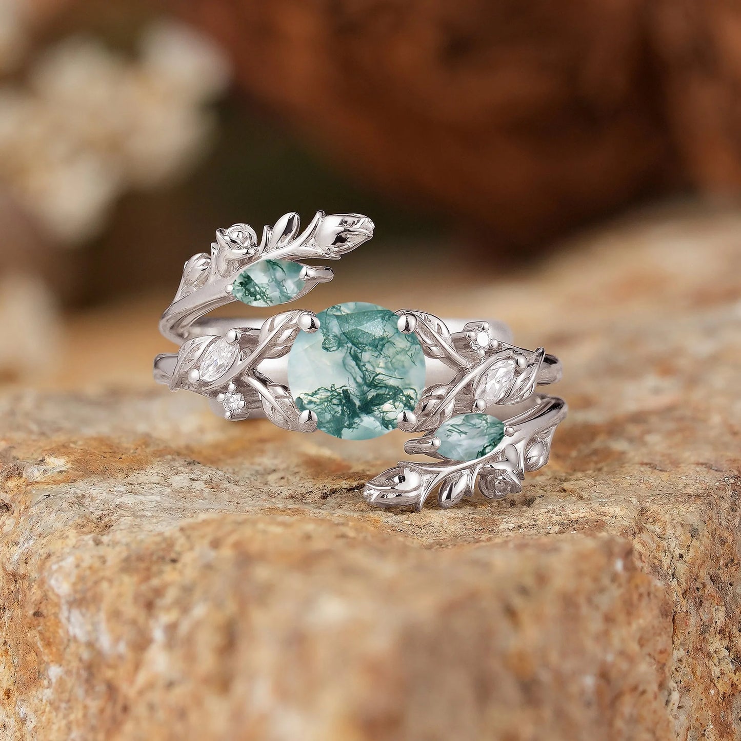 Round Shaped Moss Agate Nature Inspired Bridal Enhancer Ring Set - GemsMagic