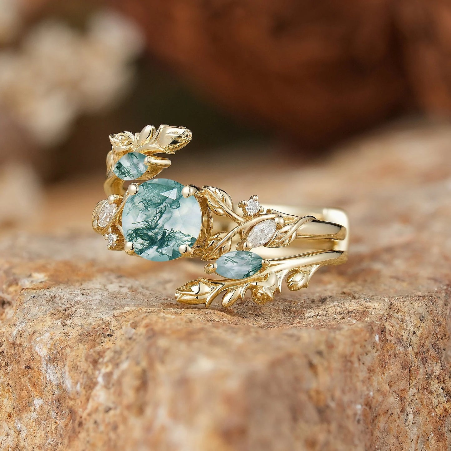 Round Shaped Moss Agate Nature Inspired Bridal Enhancer Ring Set - GemsMagic