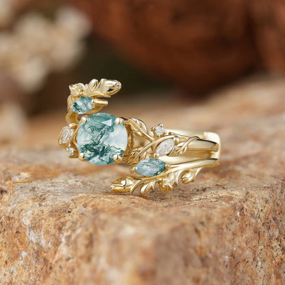 Round Shaped Moss Agate Nature Inspired Bridal Enhancer Ring Set - GemsMagic