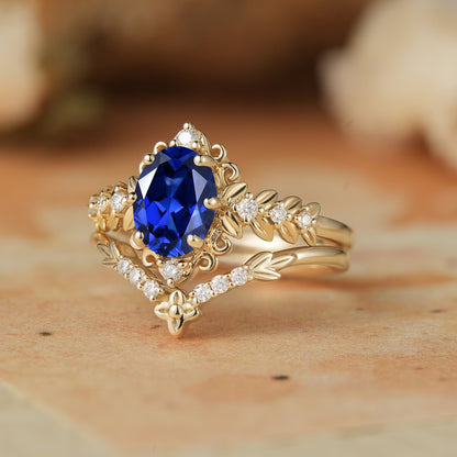 Royal Blue Sapphire Leaf Bridal Ring Set-Tamsin