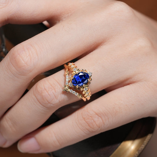Royal Blue Sapphire Leaf Bridal Ring Set-Tamsin