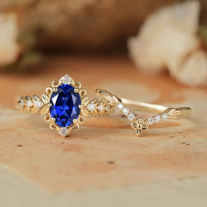 Royal Blue Sapphire Leaf Bridal Ring Set-Tamsin