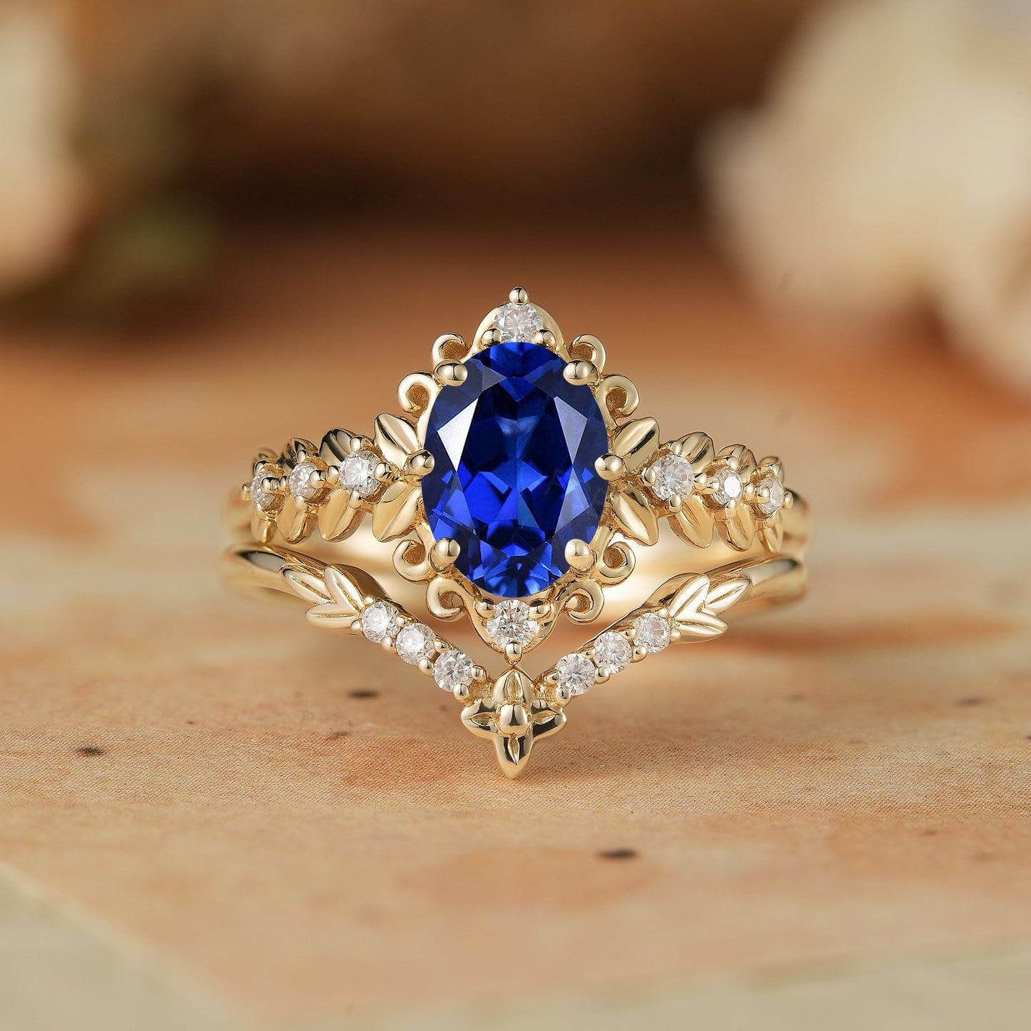Royal Blue Sapphire Leaf Bridal Ring Set-Tamsin