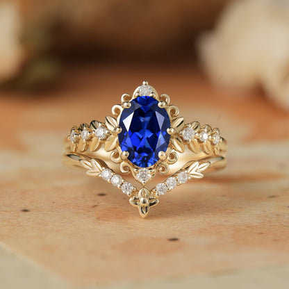Royal Blue Sapphire Leaf Bridal Ring Set-Tamsin