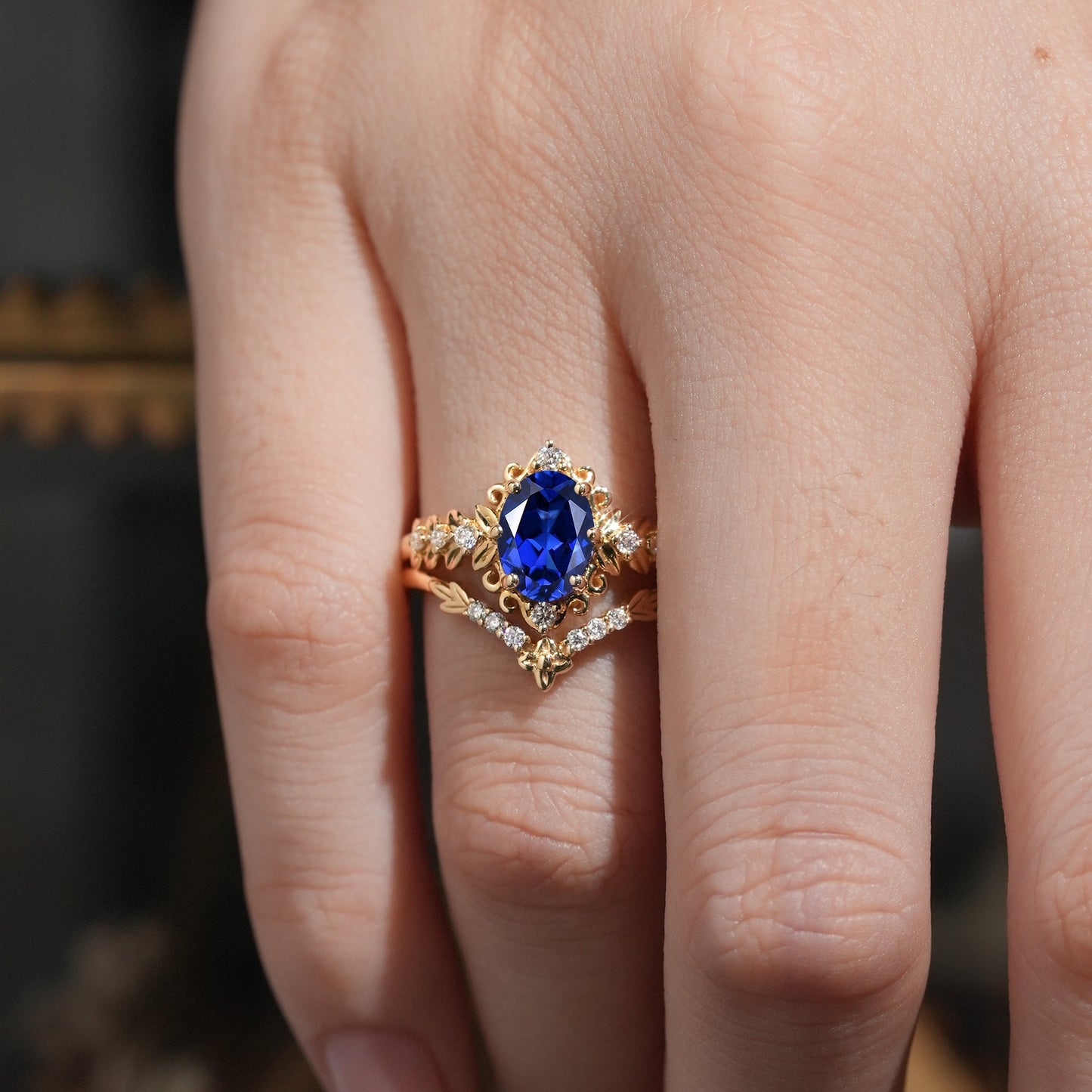 Royal Blue Sapphire Leaf Bridal Ring Set-Tamsin