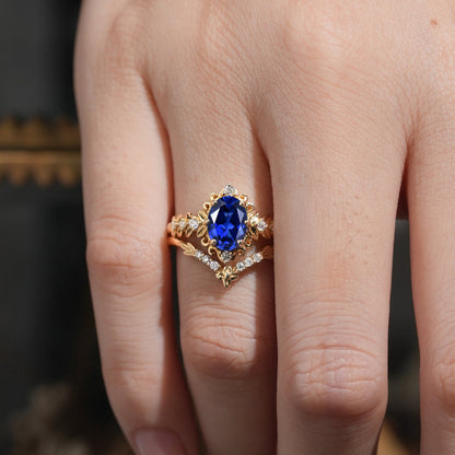 Royal Blue Sapphire Leaf Bridal Ring Set-Tamsin