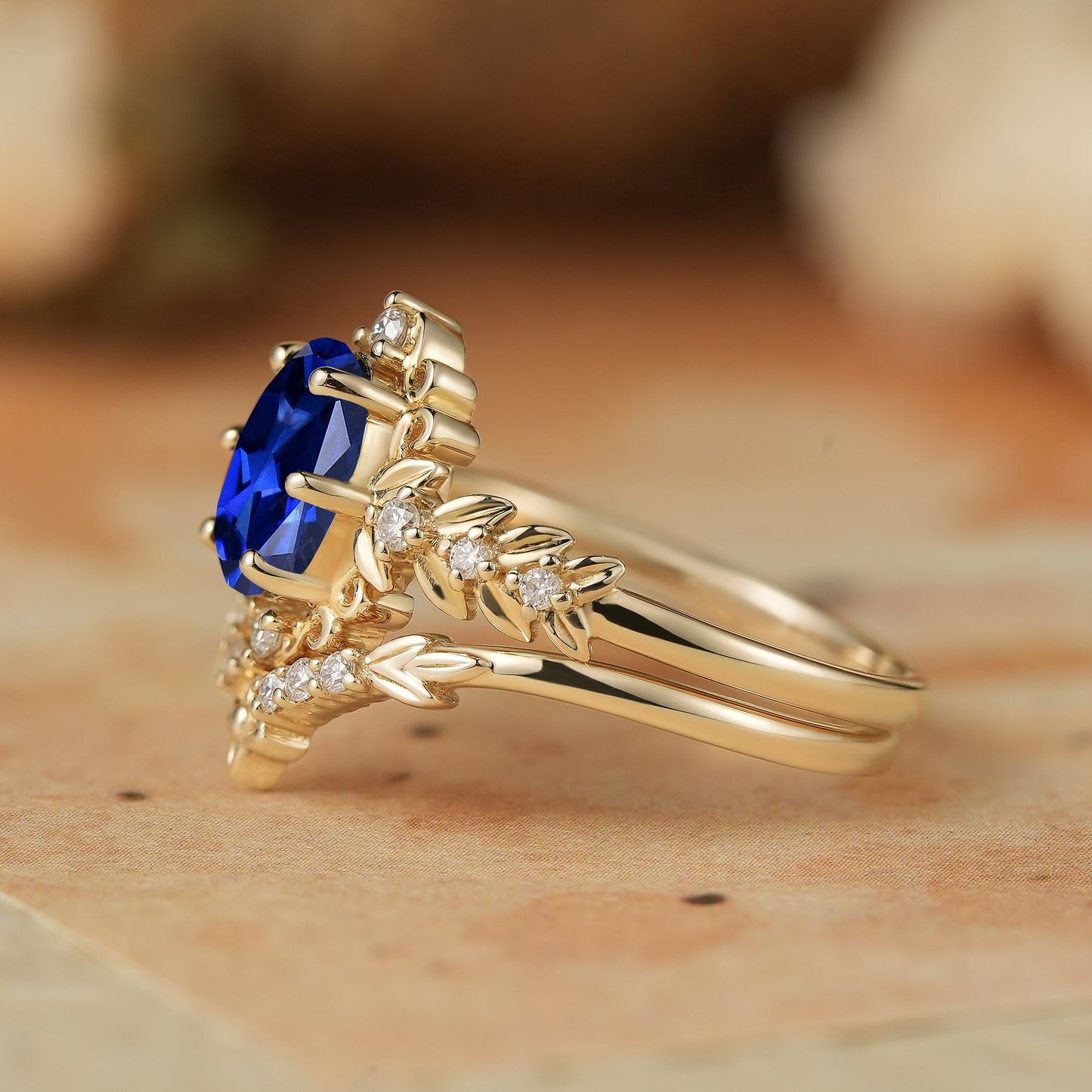 Royal Blue Sapphire Leaf Bridal Ring Set-Tamsin